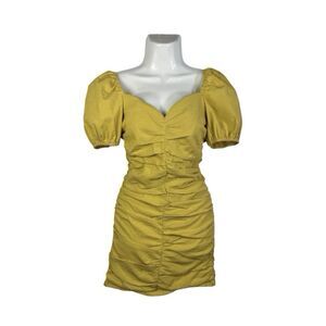 Willow Women Small Dress Yellow Seersucker Sweetheart Puff Sleeve Ruched Mini